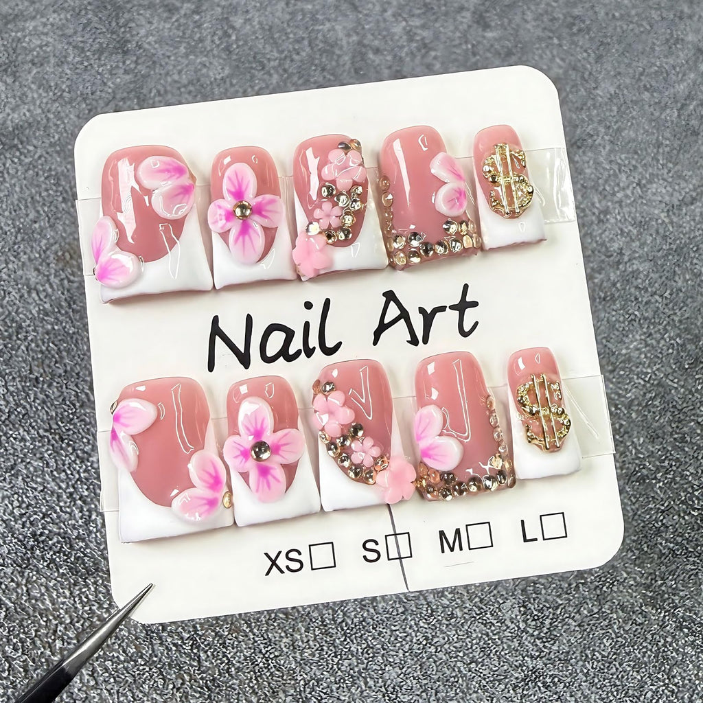 Koopnati Handmade 3D Nail Art Press On Nails – French Tip with 3D Flowers