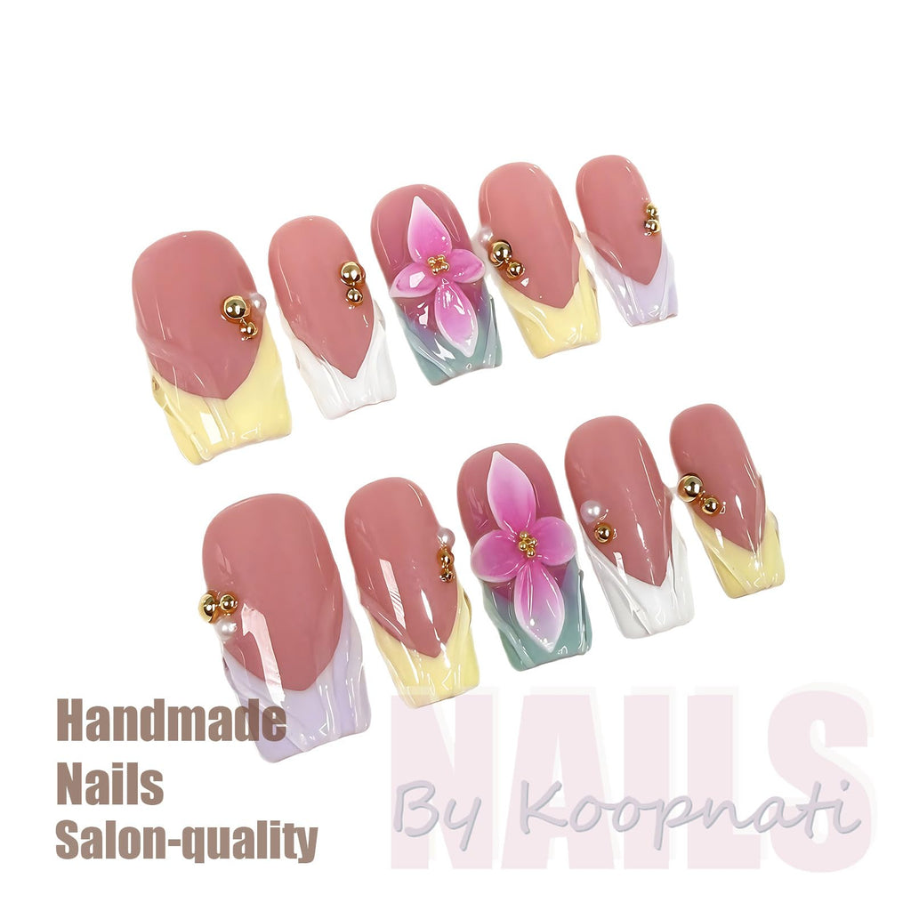 koopnati Handmade Press On Nails – Square Pink 3D Summer Flower Design Kit