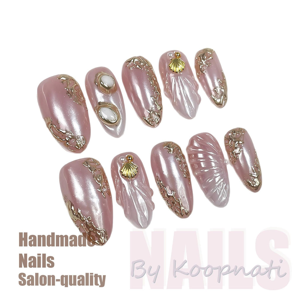 koopnati Handmade Press On Nails - Short Almond Pink with 3D Design - Home Manicure Kit