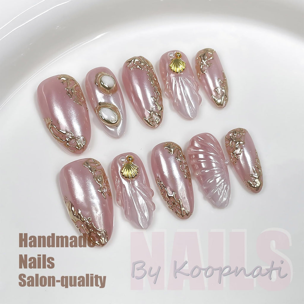 koopnati Handmade Press On Nails - Short Almond Pink with 3D Design - Home Manicure Kit