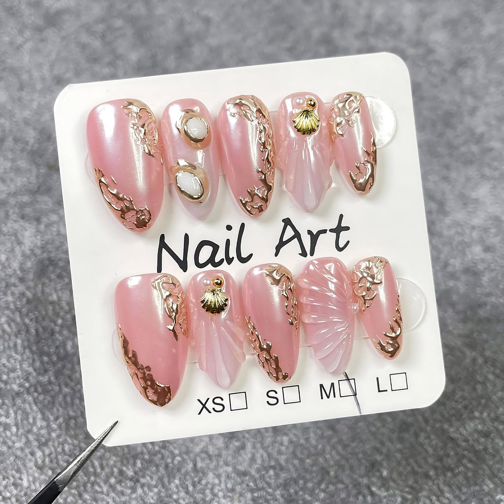 koopnati Handmade Press On Nails - Short Almond Pink with 3D Design - Home Manicure Kit