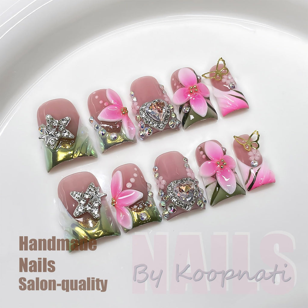 Koopnati Handmade 3D Nail Art Press-Ons – French Tip Pink Star