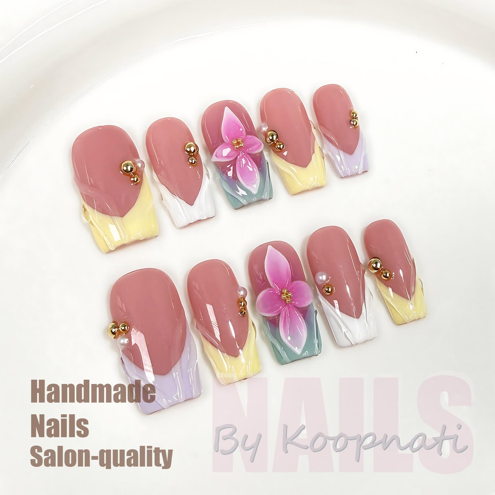 koopnati Handmade Press On Nails – Square Pink 3D Summer Flower Design Kit