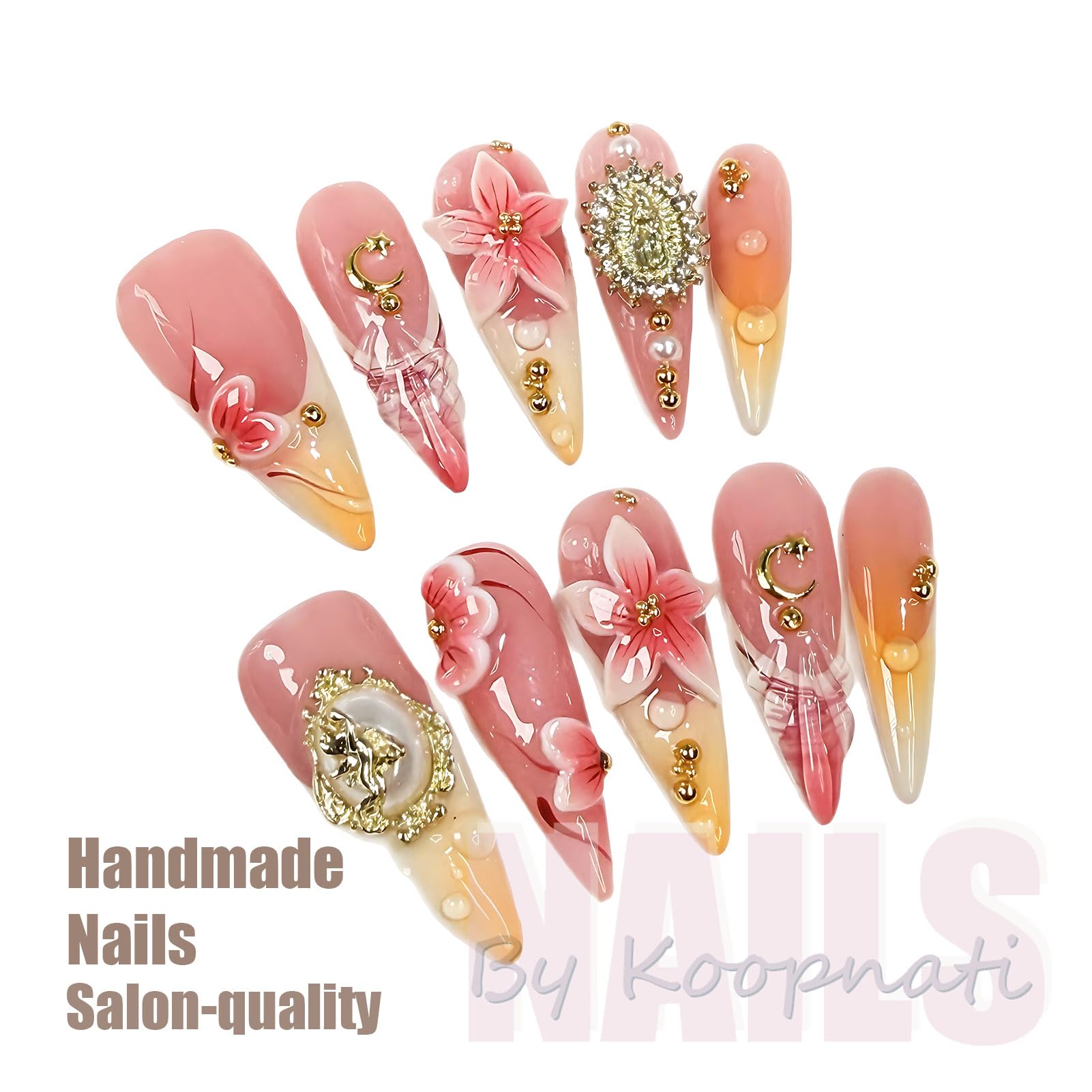 Koopnati Handmade Long Almond Press On Nails – 3D French Tip, At-Home Kit