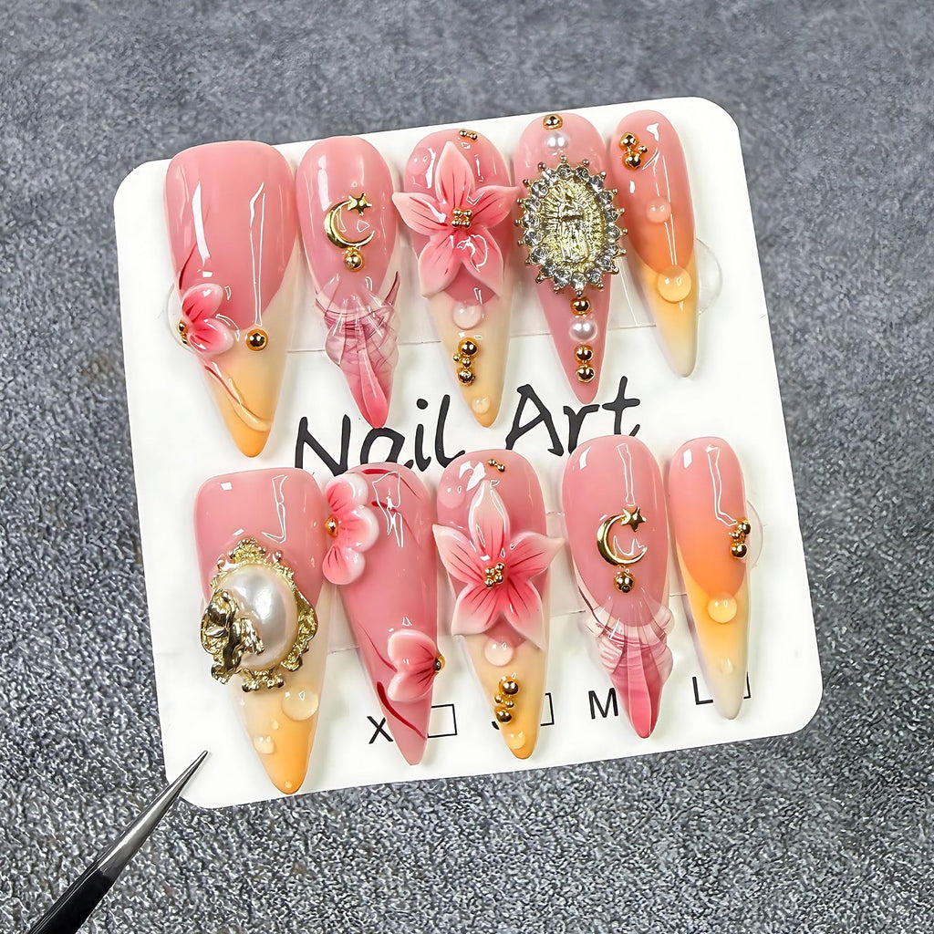 Koopnati Handmade Long Almond Press On Nails – 3D French Tip, At-Home Kit