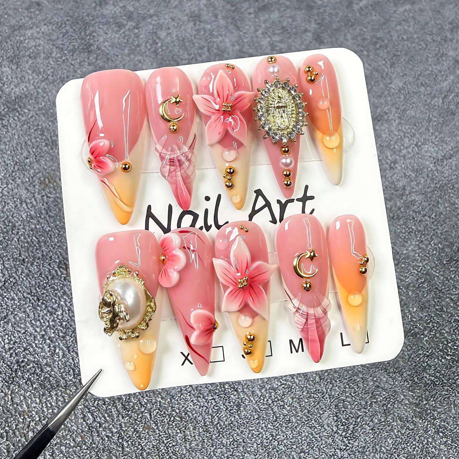Koopnati Handmade Long Almond Press On Nails – 3D French Tip, At-Home Kit