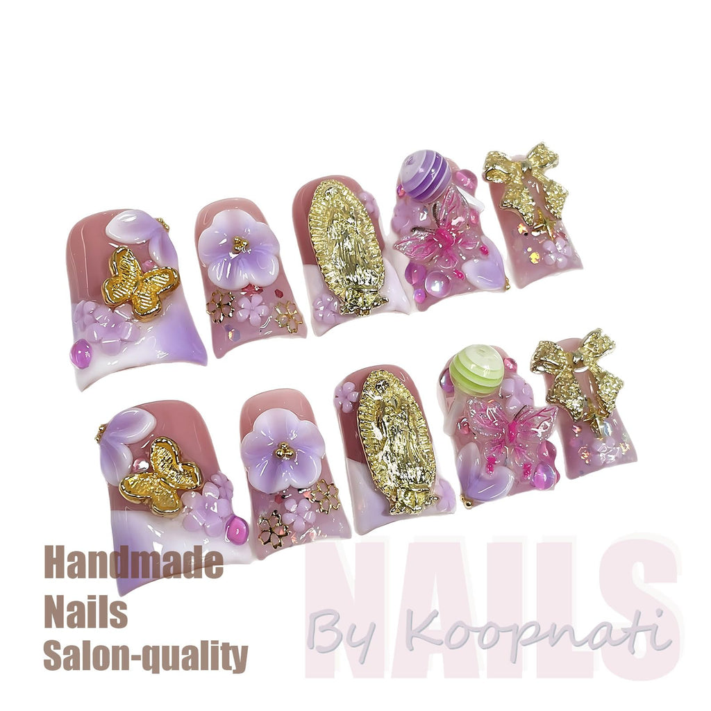 koopnati Handmade Press On Nails – Short Duck with French Tip and 3D Design