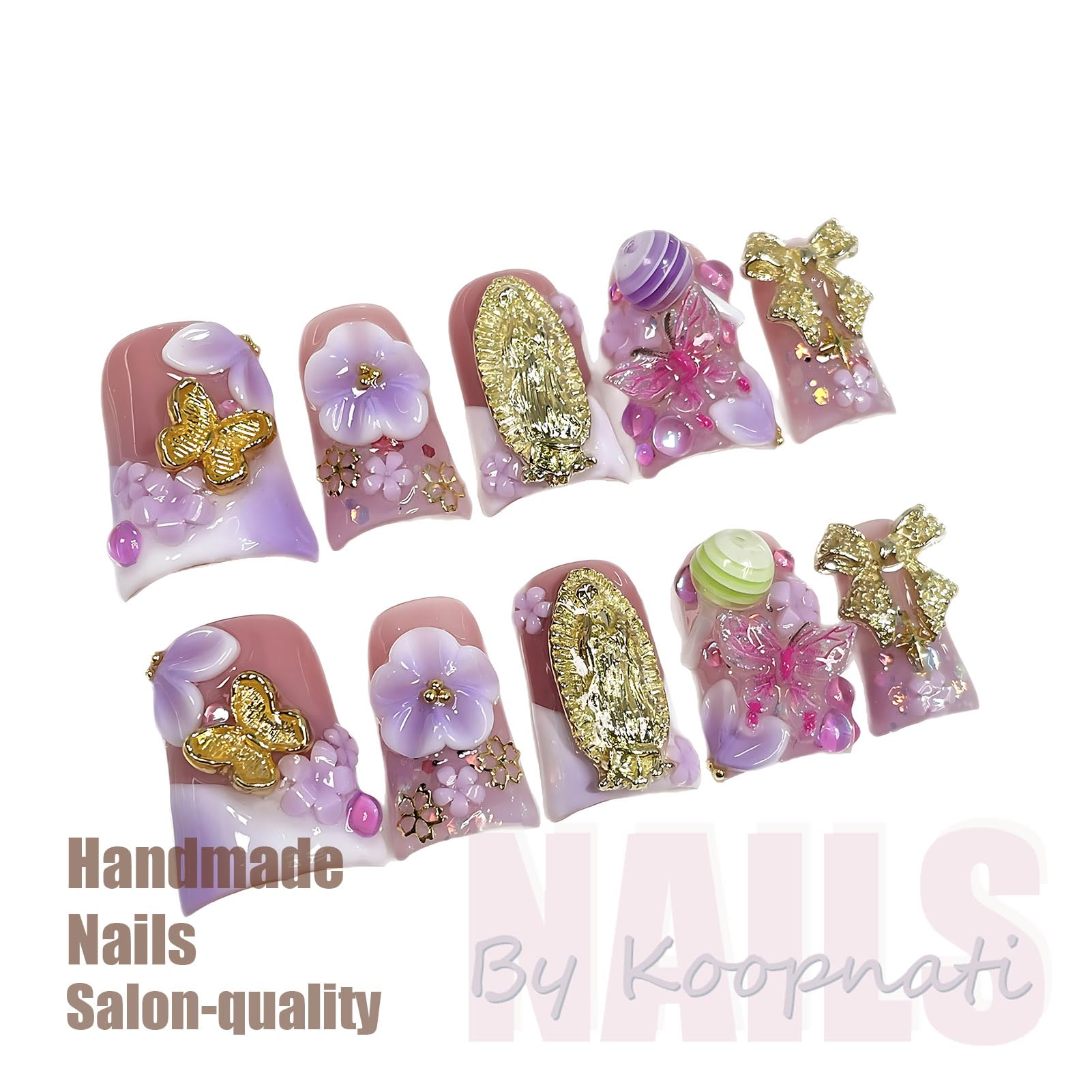 koopnati Handmade Press On Nails – Short Duck with French Tip and 3D Design