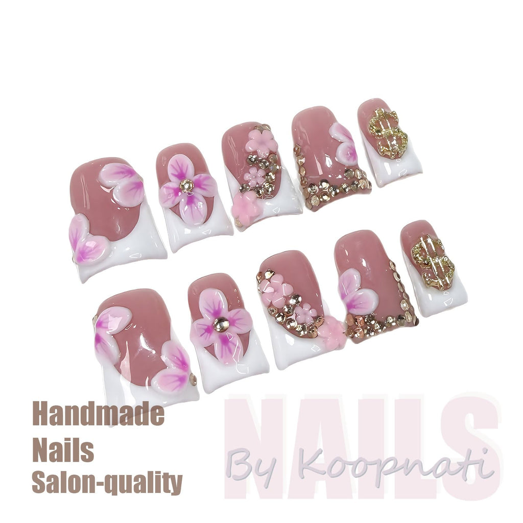 Koopnati Handmade 3D Nail Art Press On Nails – French Tip with 3D Flowers
