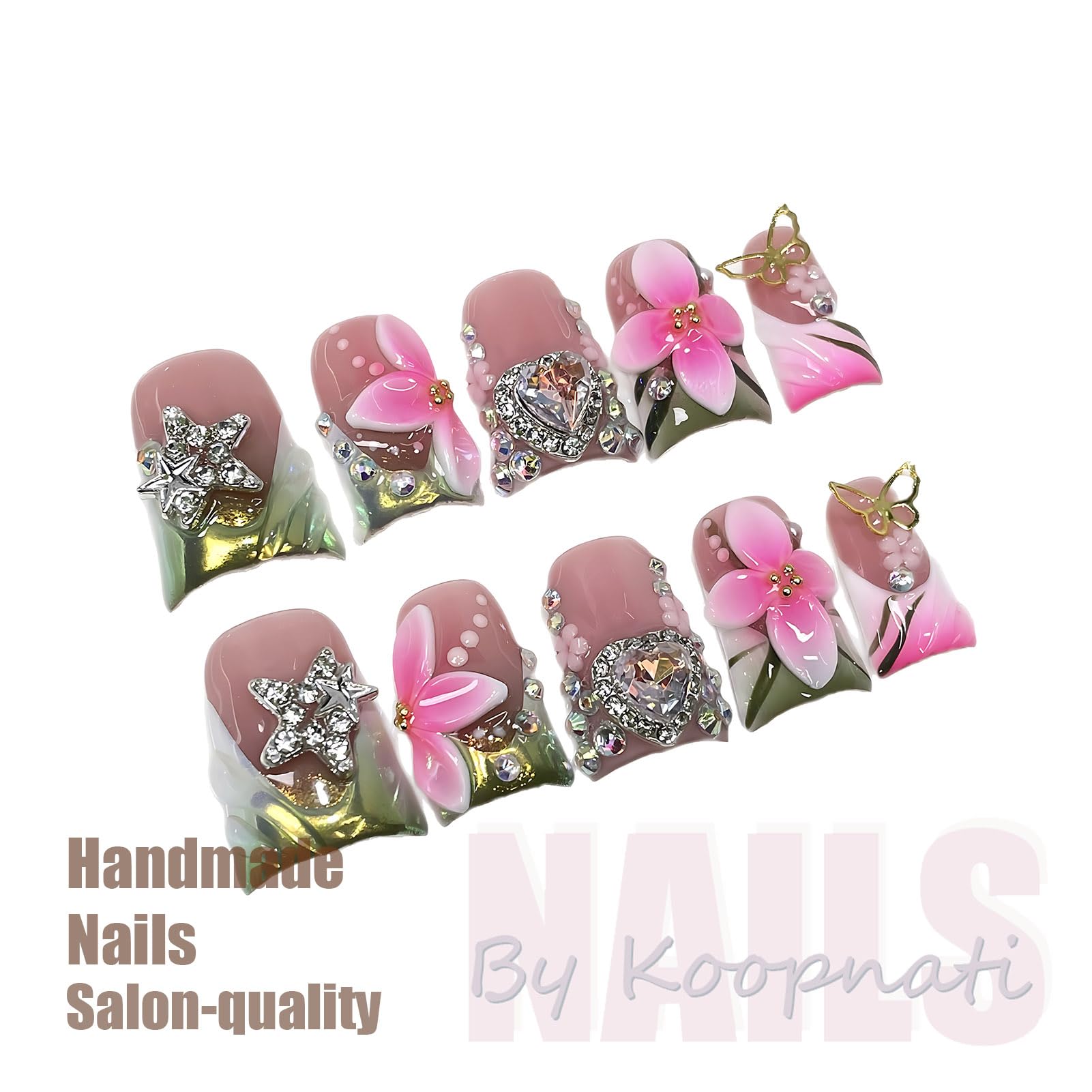Koopnati Handmade 3D Nail Art Press-Ons – French Tip Pink Star