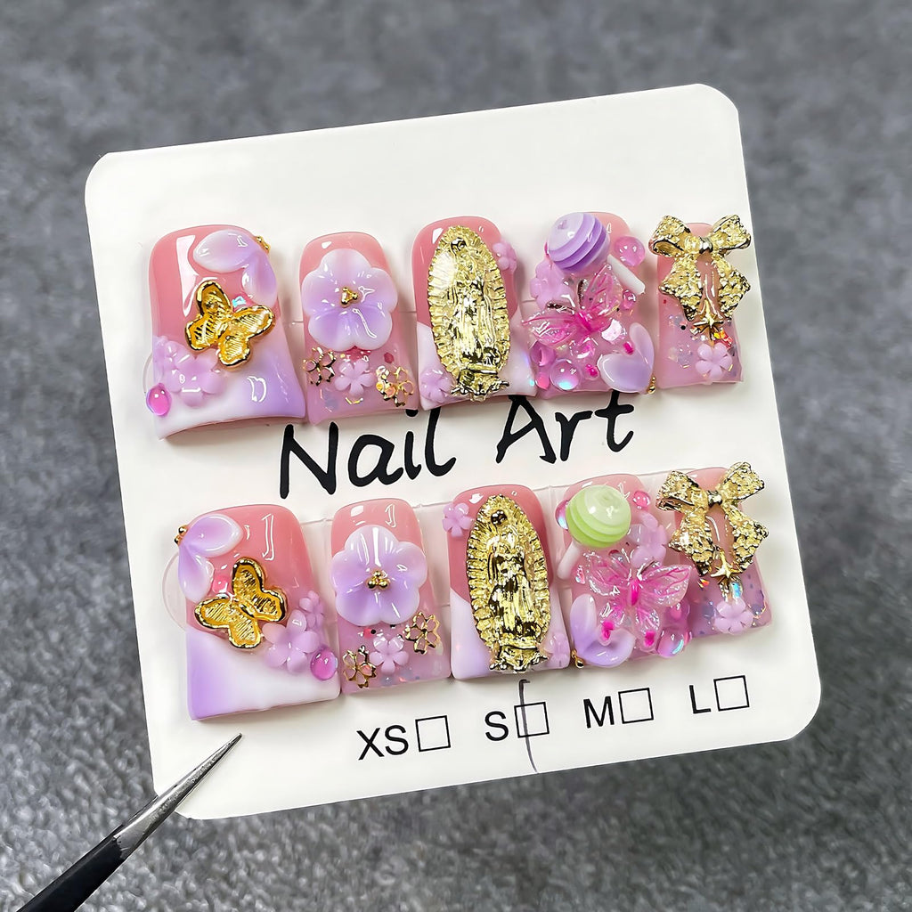 koopnati Handmade Press On Nails – Short Duck with French Tip and 3D Design