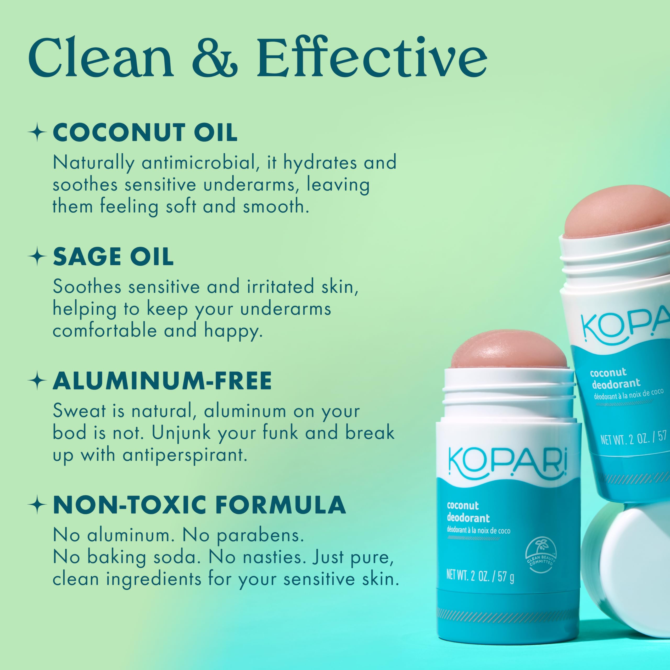 Kopari Aluminum Free Coconut Deodorant with Charcoal — Plant-Based, Non-Toxic, 2 oz