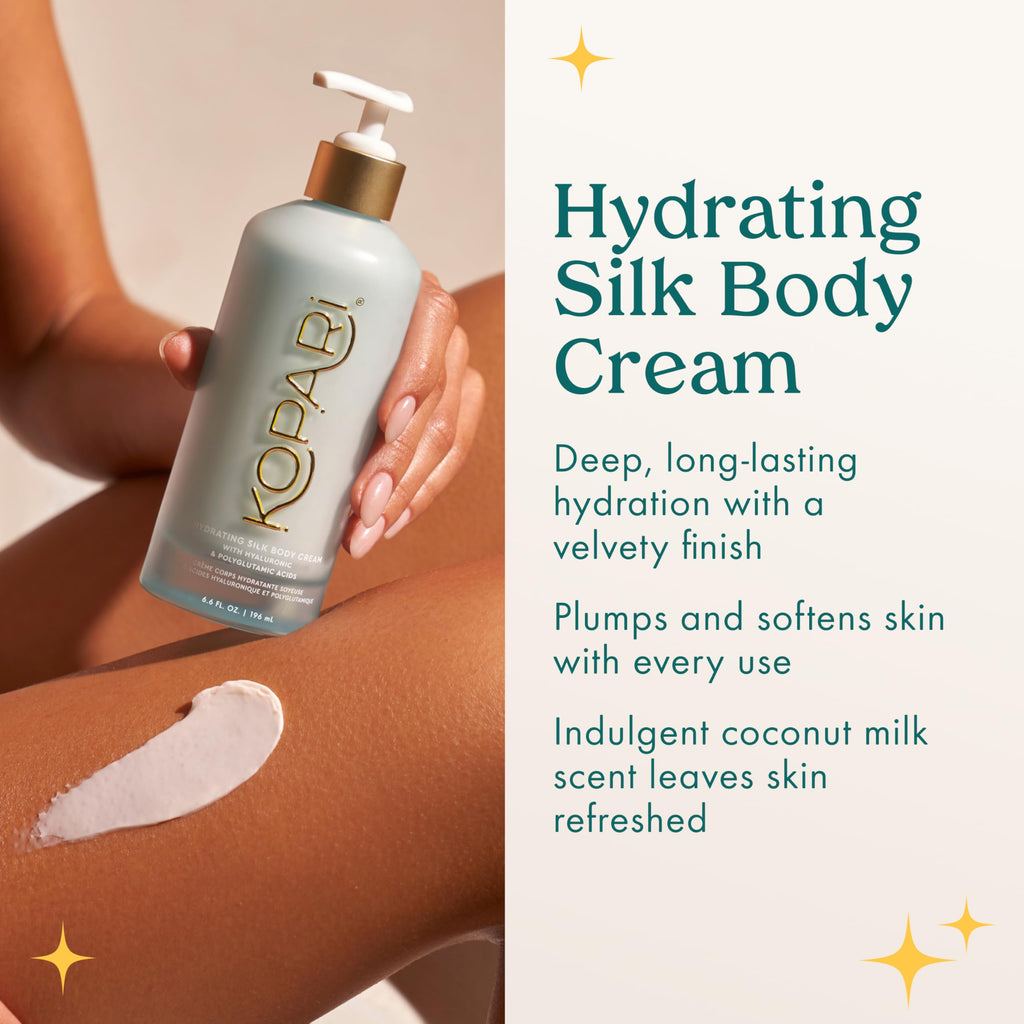 Kopari Hydrating Silk Body Cream – Hyaluronic & Polyglutamic Acids, 6.7 oz | Lightweight, Silky Moisturizer with Coconut Milk Scent