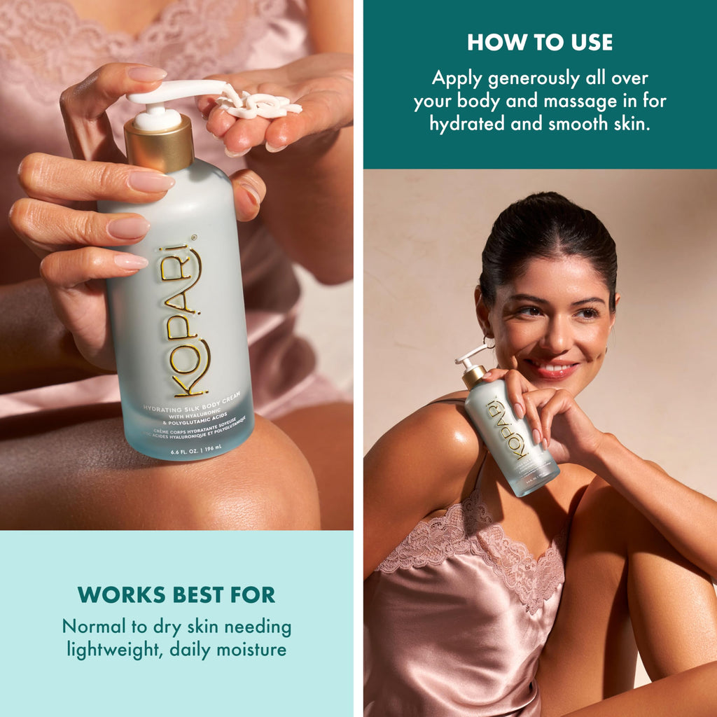 Kopari Hydrating Silk Body Cream – Hyaluronic & Polyglutamic Acids, 6.7 oz | Lightweight, Silky Moisturizer with Coconut Milk Scent