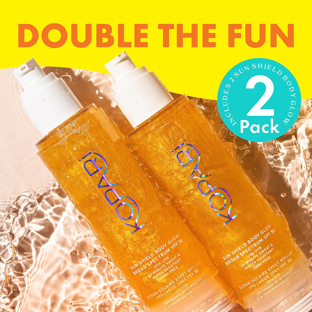 Kopari Sun Shield Body Glow SPF 50 – 2 Pack, Lightweight Gel with Gold Shimmer