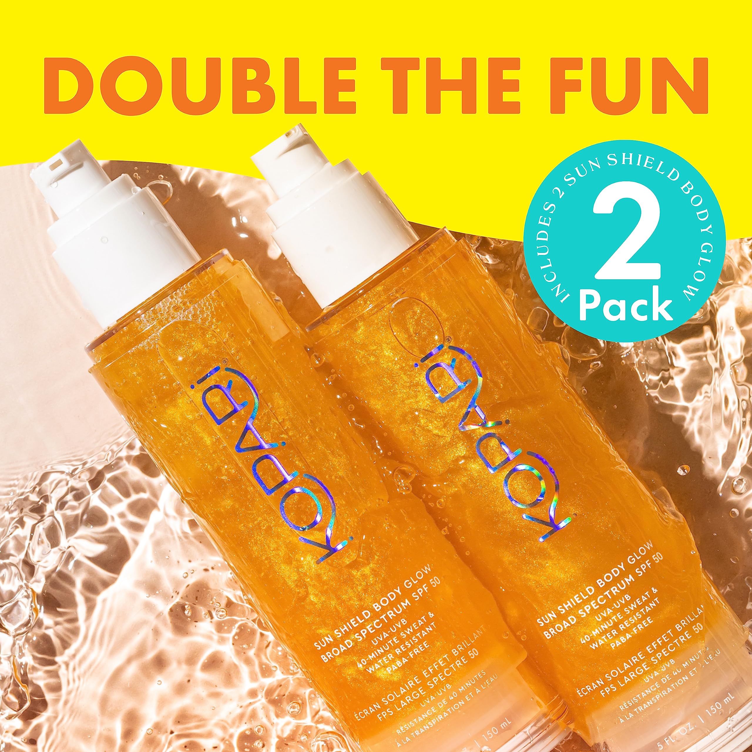 Kopari Sun Shield Body Glow SPF 50 – 2 Pack, Lightweight Gel with Gold Shimmer