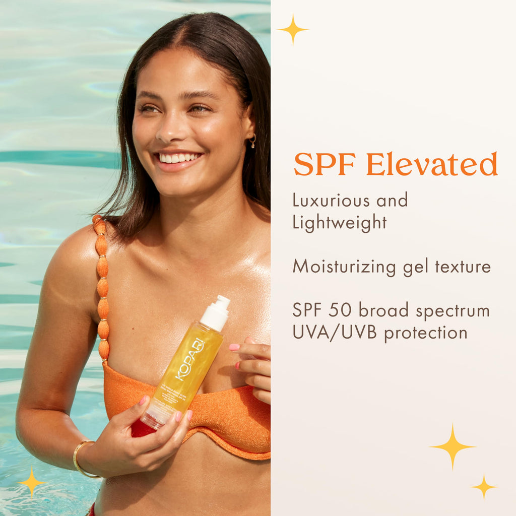 Kopari Sun Shield Body Glow SPF 50 – 2 Pack, Lightweight Gel with Gold Shimmer