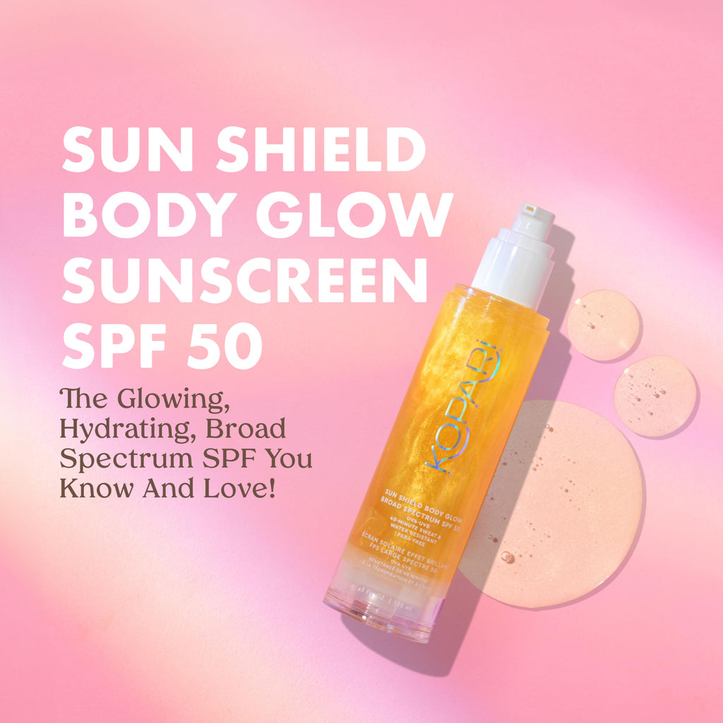 Kopari Sun Shield Body Glow SPF 50 – 2 Pack, Lightweight Gel with Gold Shimmer