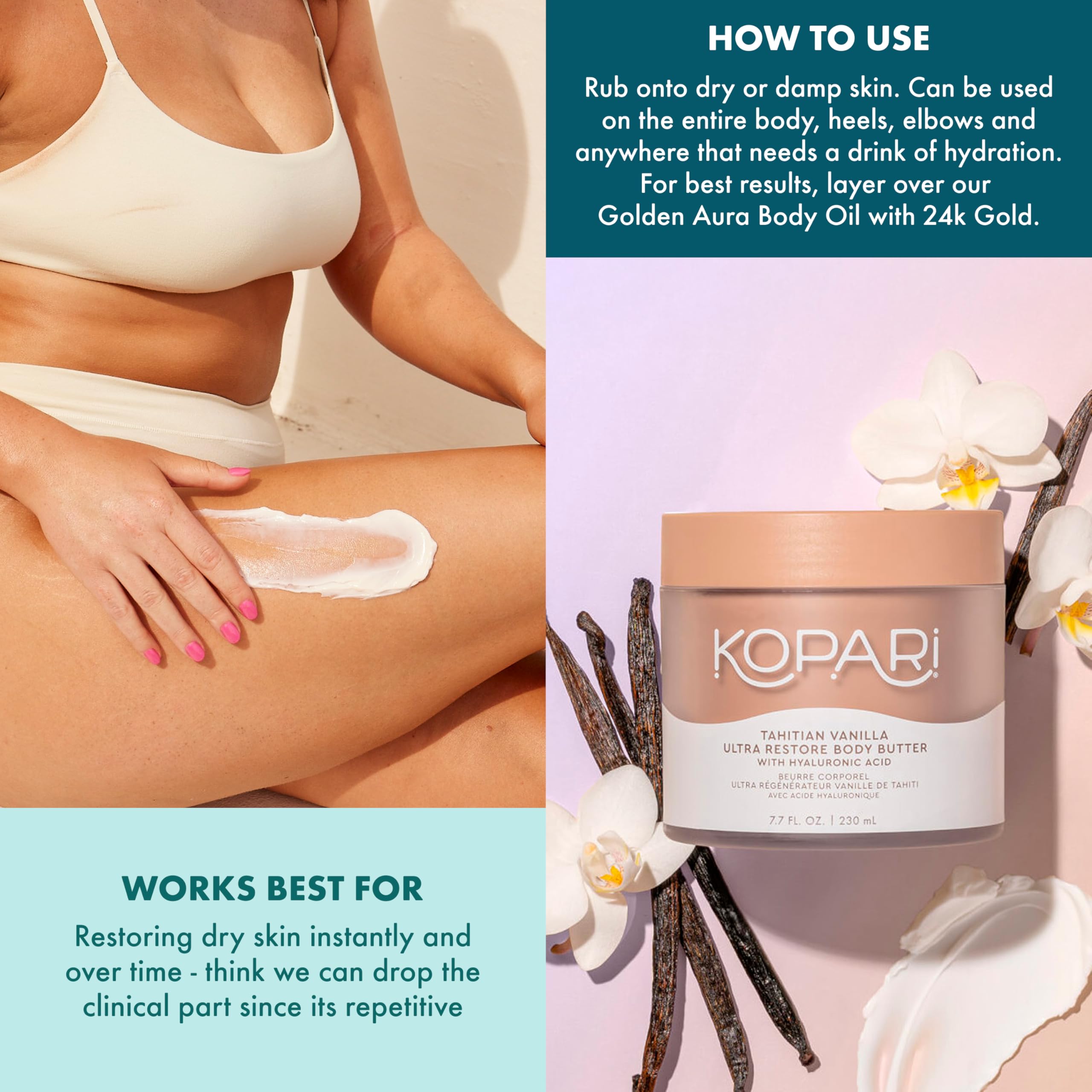 Kopari Ultra Restore Body Butter — Hyaluronic Acid & Mango Butter, Tahitian Vanilla | 7.7 oz