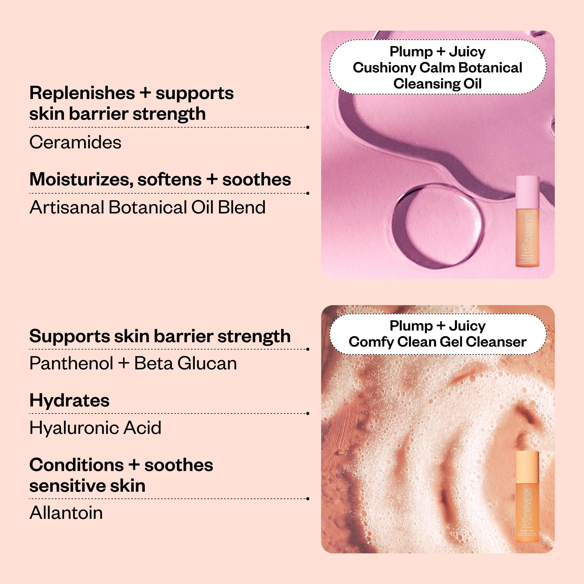 Kosas Mini Plump + Juicy Double Cleansing System — Botanical Oil + Gel Cleanser Set (Soap & Sulfate Free) for All Skin Types