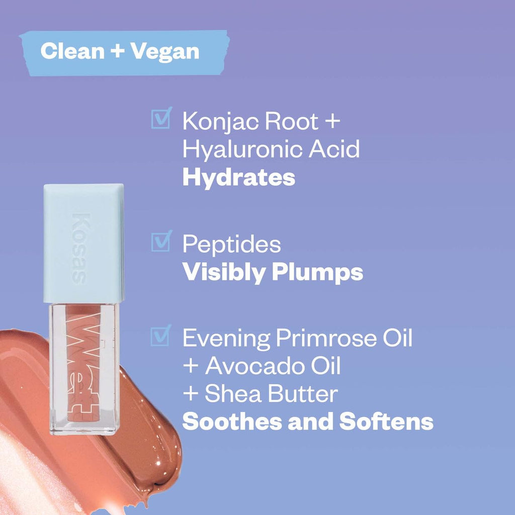 Kosas Wet Lip Oil Gloss – Hydrating Lip Plumping Treatment with Hyaluronic Acid & Peptides | Non-Sticky Finish
