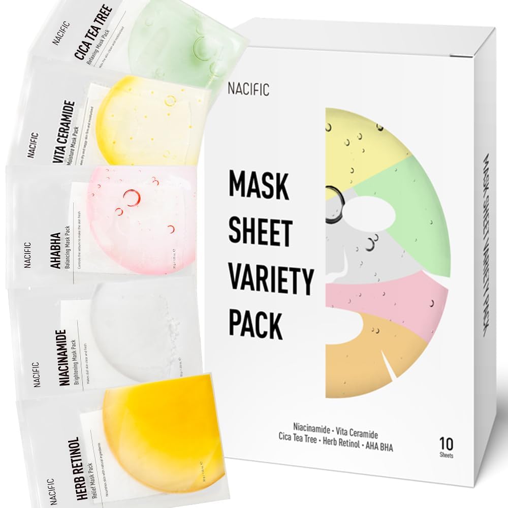 KOSBEAUTY NACIFIC Face Masks – Premium 10-Sheet Variety Pack for All Skin Types | Hyaluronic Acid, Ceramide & Vitamins