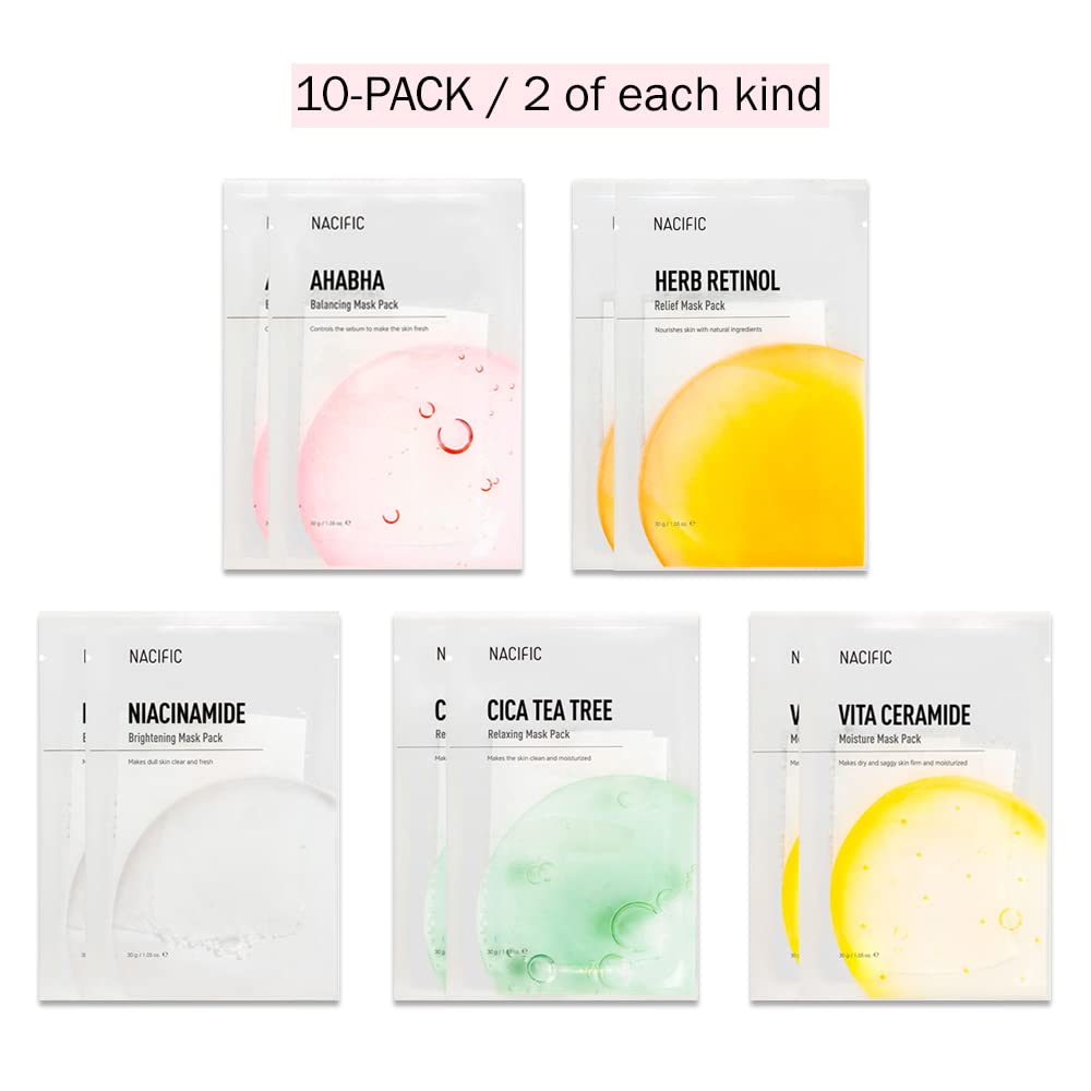 KOSBEAUTY NACIFIC Face Masks – Premium 10-Sheet Variety Pack for All Skin Types | Hyaluronic Acid, Ceramide & Vitamins