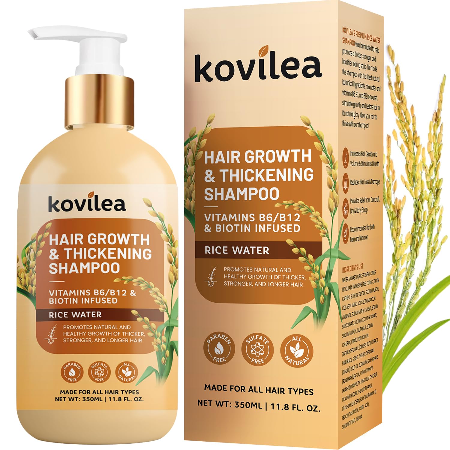 Kovilea Rice Water Hair Growth Shampoo | Thickening & Regrowth Formula 11.8 oz