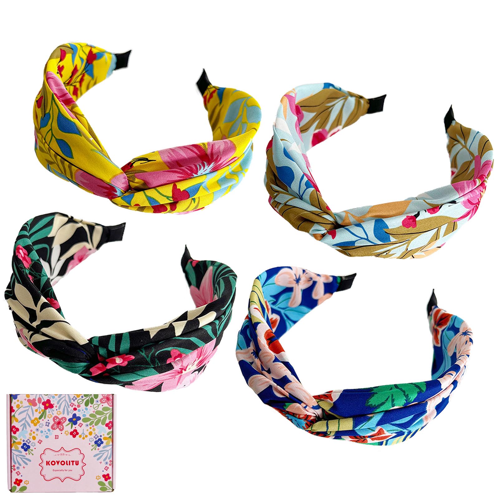 KOVOLITU 4-Pack Floral Leaves Headbands – Wide Knotted Cross-Knot Hair Bands for Women