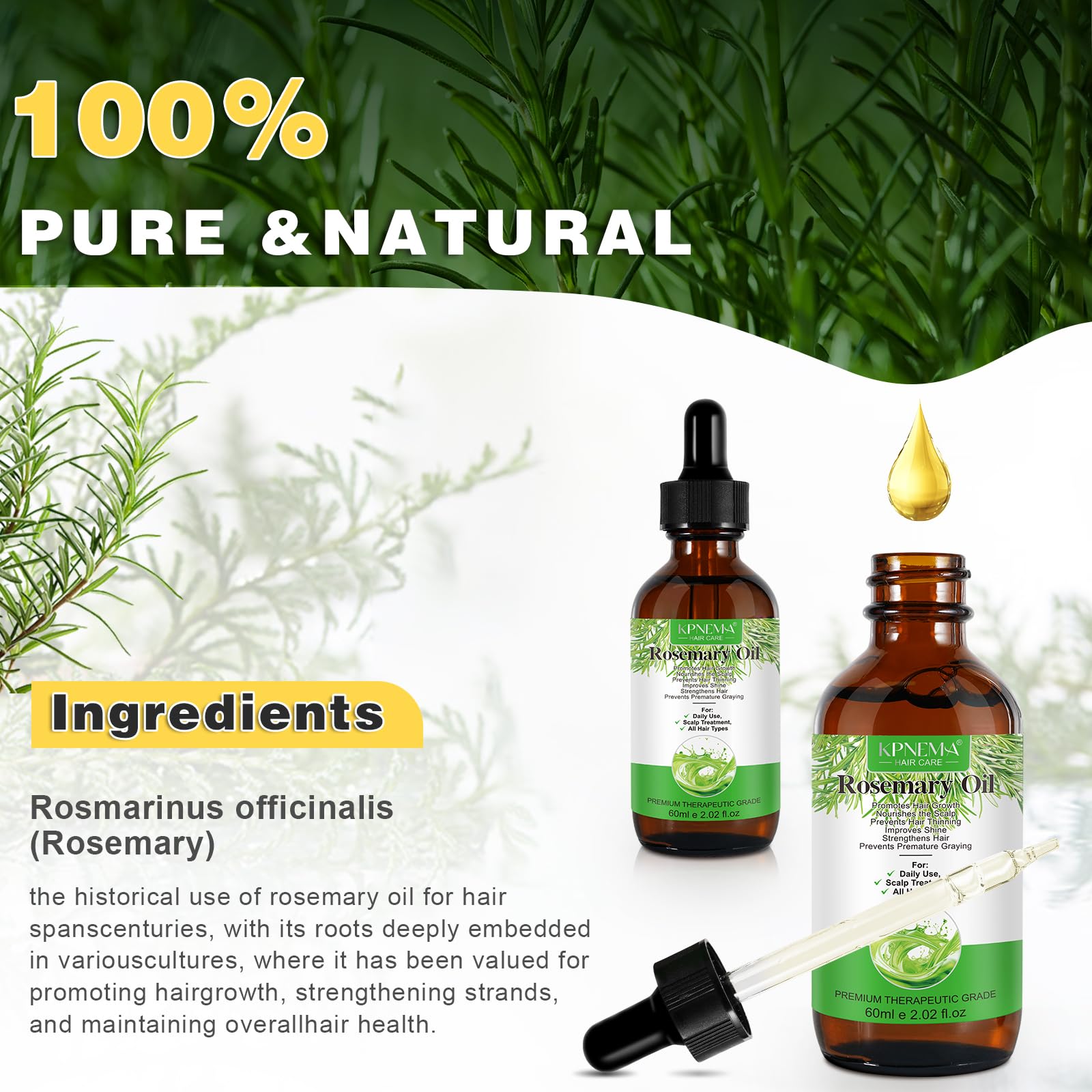 KPNEMA Rosemary Essential Oil – 100% Pure for Hair Growth & Nourished Skin (2.02 fl oz)