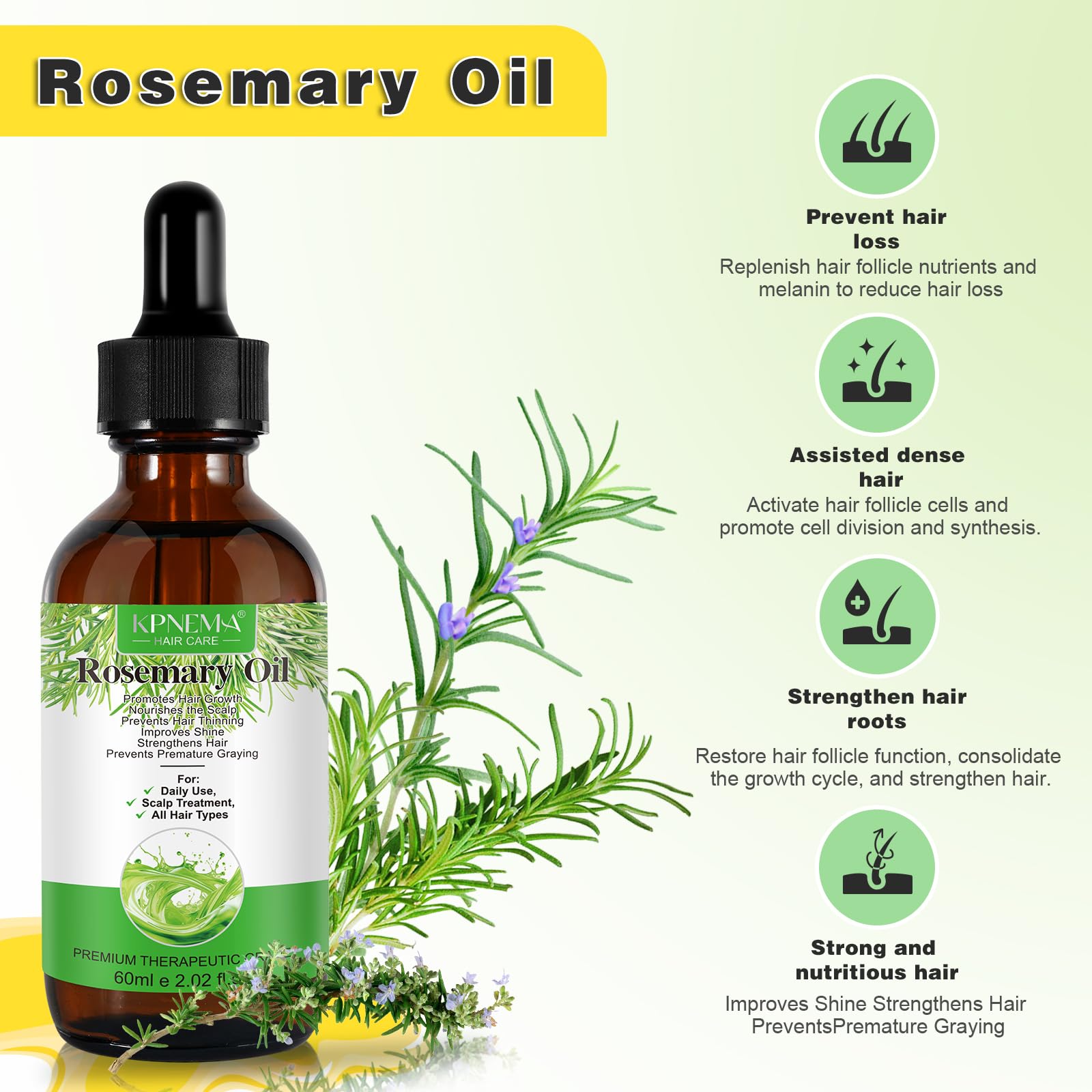 KPNEMA Rosemary Essential Oil – 100% Pure for Hair Growth & Nourished Skin (2.02 fl oz)