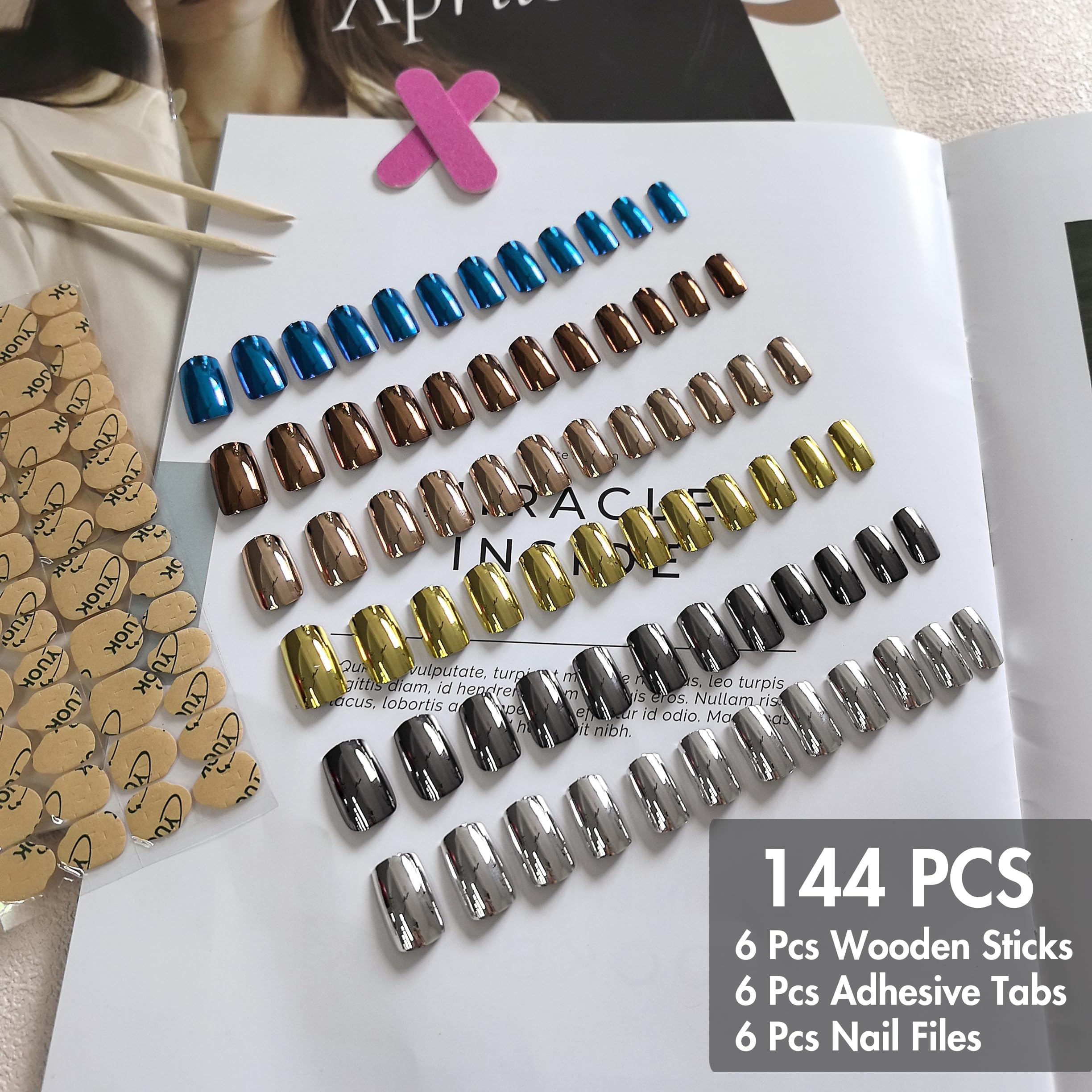 KQueenest Chrome Press On Nails Set – 6 Colors, Short/Medium, 144 Pcs