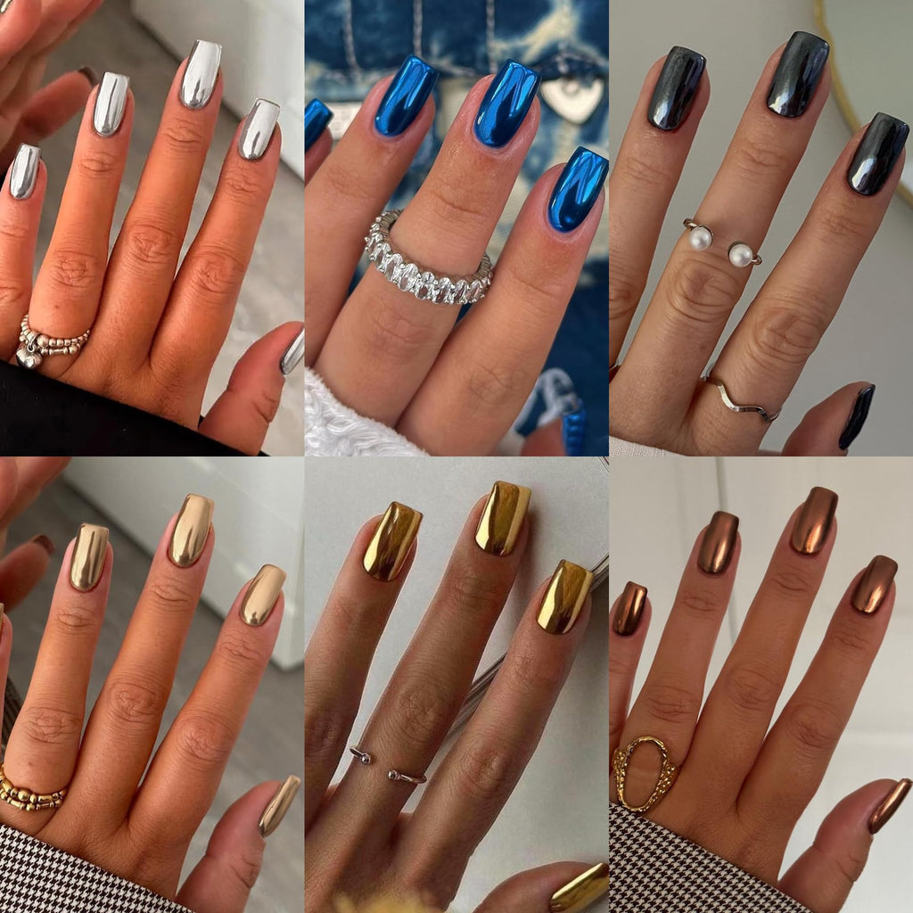 KQueenest Chrome Press On Nails Set – 6 Colors, Short/Medium, 144 Pcs