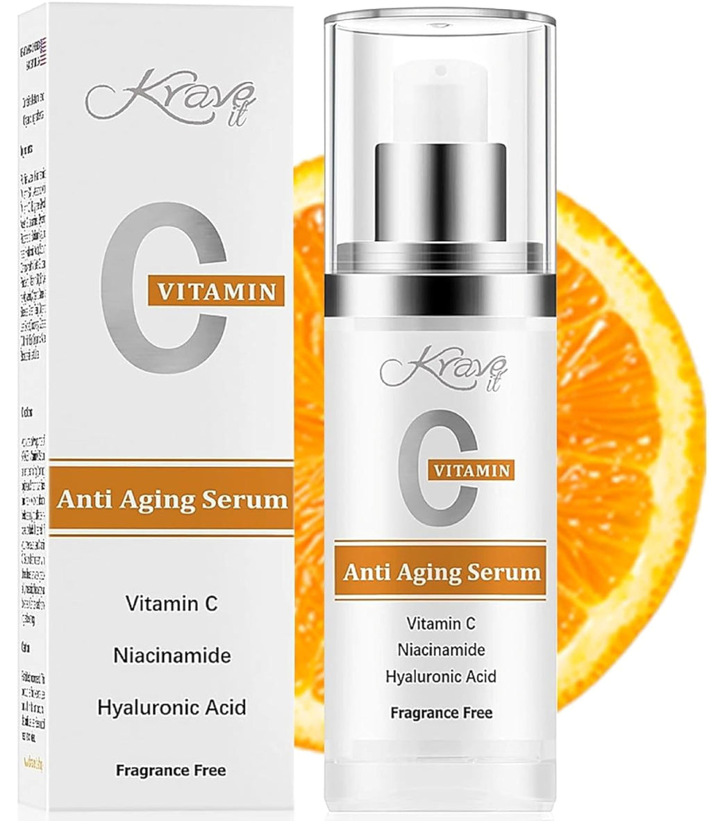 KRAVE IT Vitamin C Serum with Niacinamide & Hyaluronic Acid – 1 oz, Fragrance-Free, Pro-Recommended