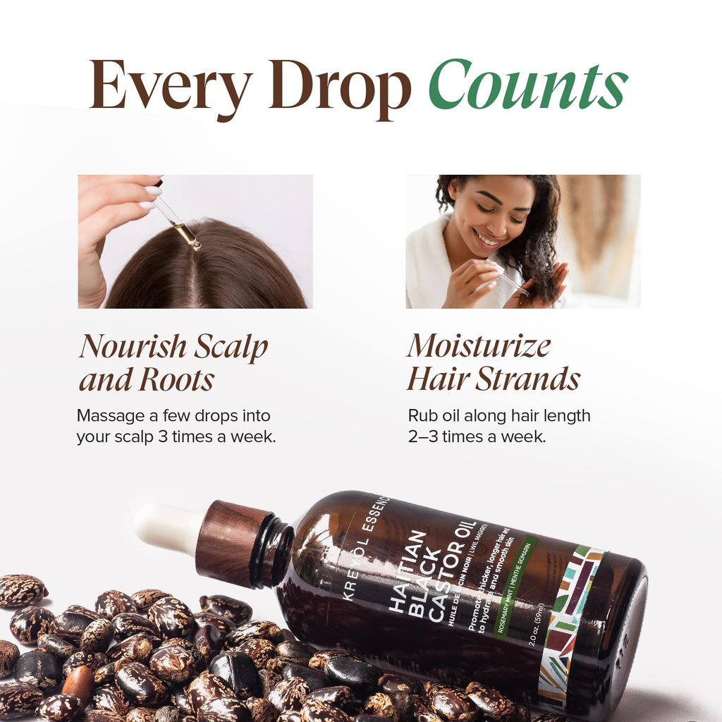 KREYÒL ESSENCE Haitian Black Castor Oil – Rosemary Peppermint, 2 oz, Glass Bottle, Cold-Pressed, Hexane Free