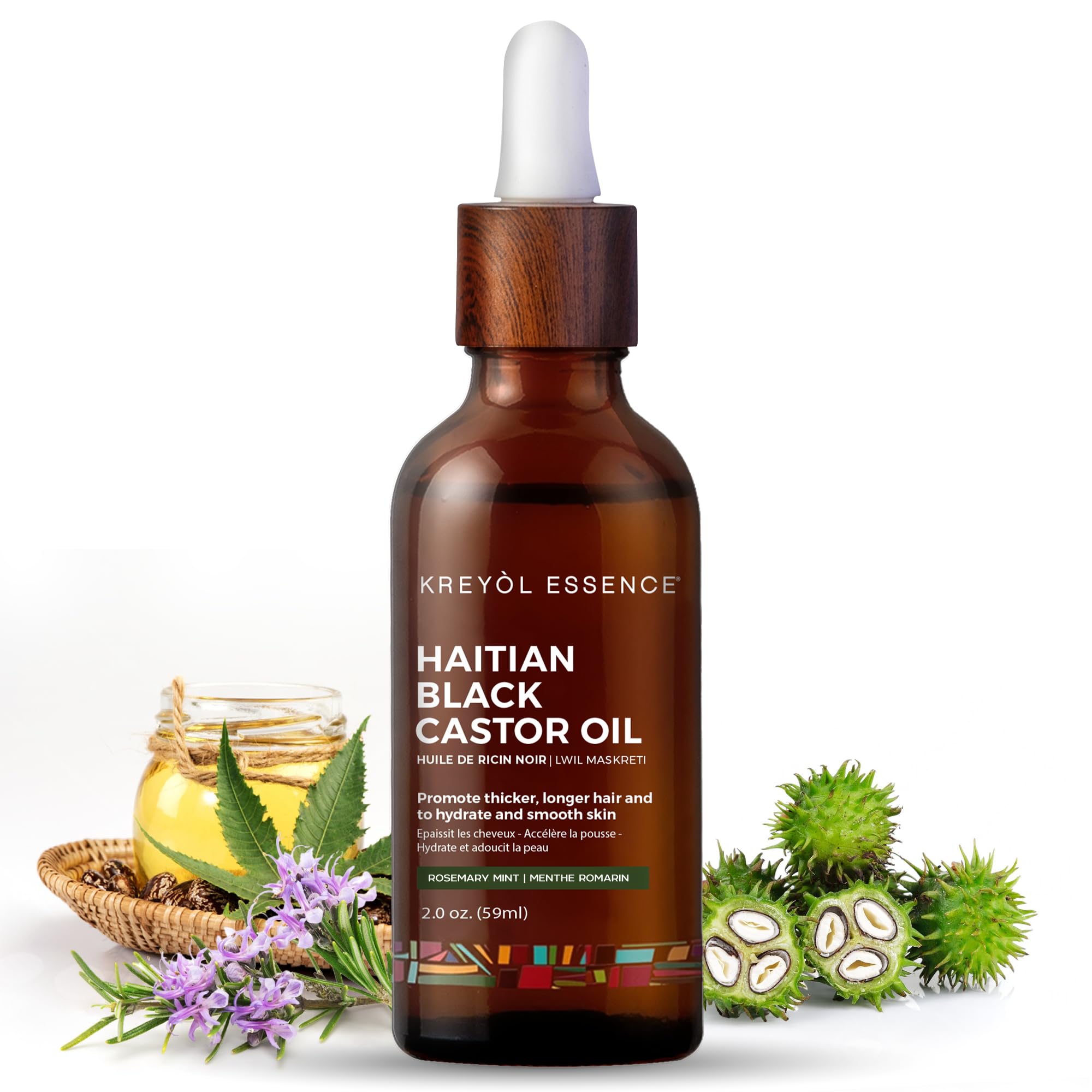 KREYÒL ESSENCE Haitian Black Castor Oil – Rosemary Peppermint, 2 oz, Glass Bottle, Cold-Pressed, Hexane Free