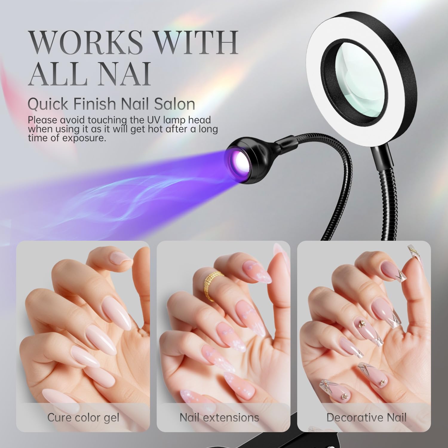 krofaue dual head uv nail lamp with 6x magnifier - 3 color temps, 365nm/395nm curing, usb desk clip