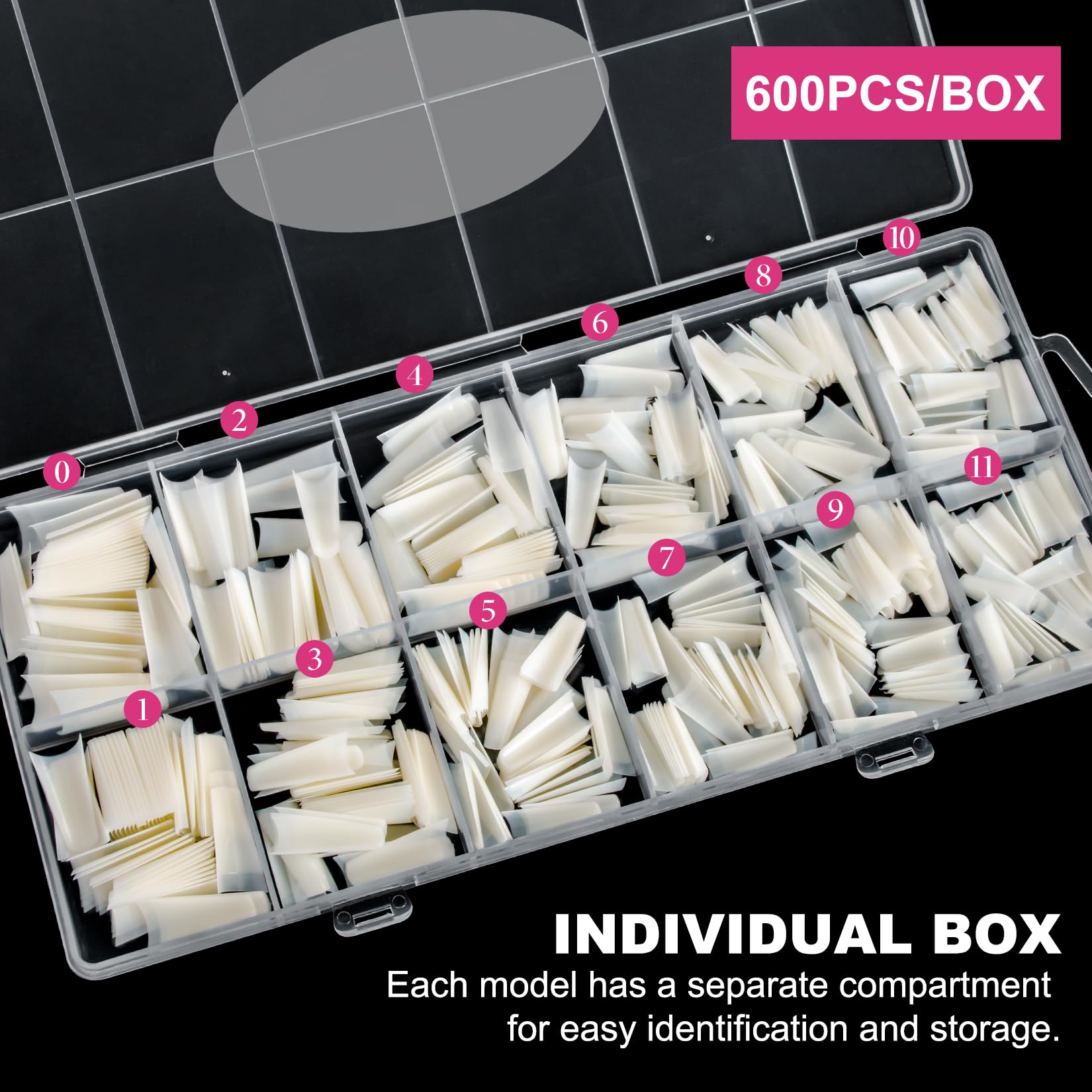 Krofaue 1200Pcs Coffin Nail Tips – Half-Cover, 12 Sizes, Clear & Natural for Acrylic Nails | Salon & Home Mani