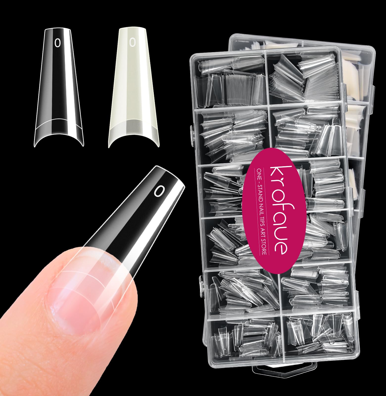 Krofaue 1200Pcs Coffin Nail Tips – Half-Cover, 12 Sizes, Clear & Natural for Acrylic Nails | Salon & Home Mani