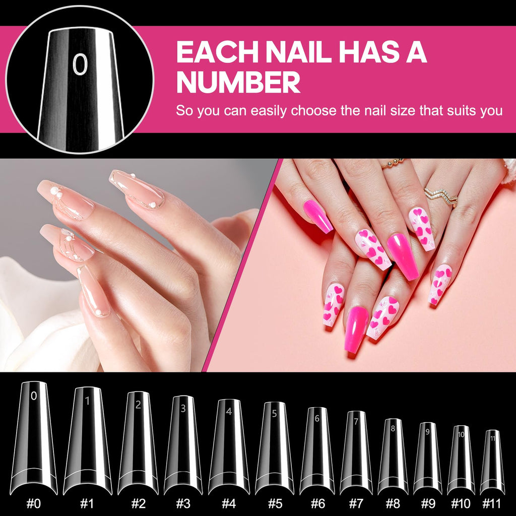 Krofaue 1200Pcs Coffin Nail Tips – Half-Cover, 12 Sizes, Clear & Natural for Acrylic Nails | Salon & Home Mani