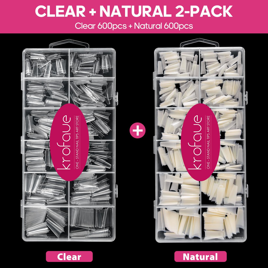 Krofaue 1200Pcs Coffin Nail Tips – Half-Cover, 12 Sizes, Clear & Natural for Acrylic Nails | Salon & Home Mani