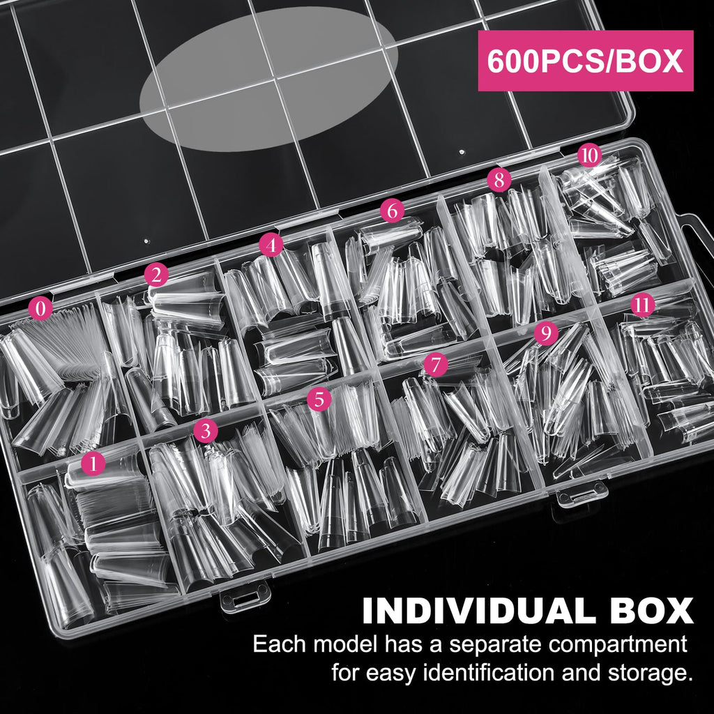 Krofaue 1200Pcs Coffin Nail Tips – Half-Cover, 12 Sizes, Clear & Natural for Acrylic Nails | Salon & Home Mani