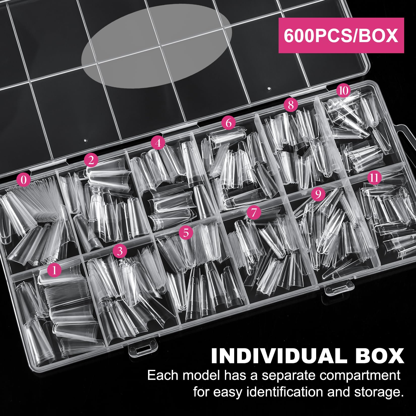 Krofaue 1200Pcs Coffin Nail Tips – Half-Cover, 12 Sizes, Clear & Natural for Acrylic Nails | Salon & Home Mani