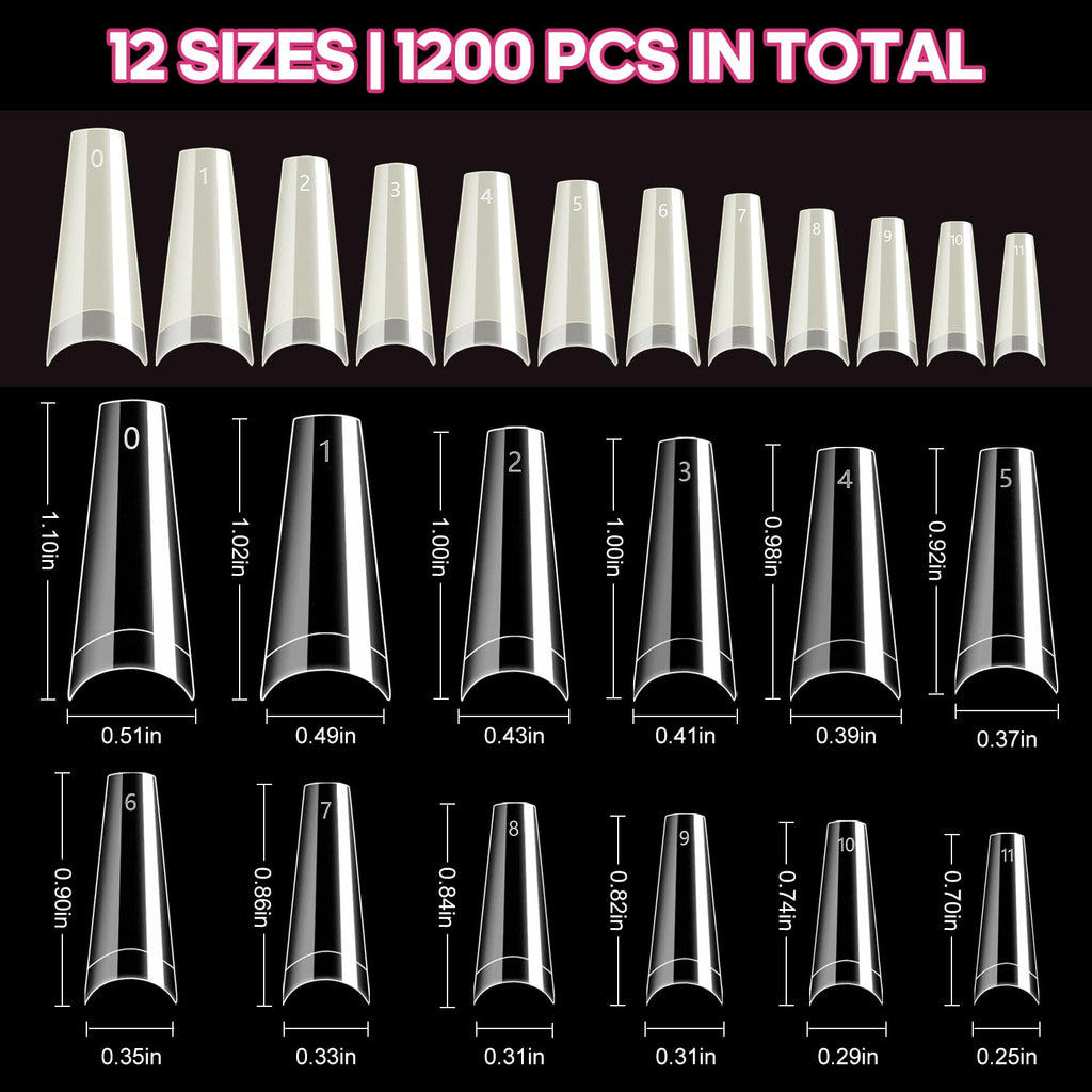 Krofaue 1200Pcs Coffin Nail Tips – Half-Cover, 12 Sizes, Clear & Natural for Acrylic Nails | Salon & Home Mani