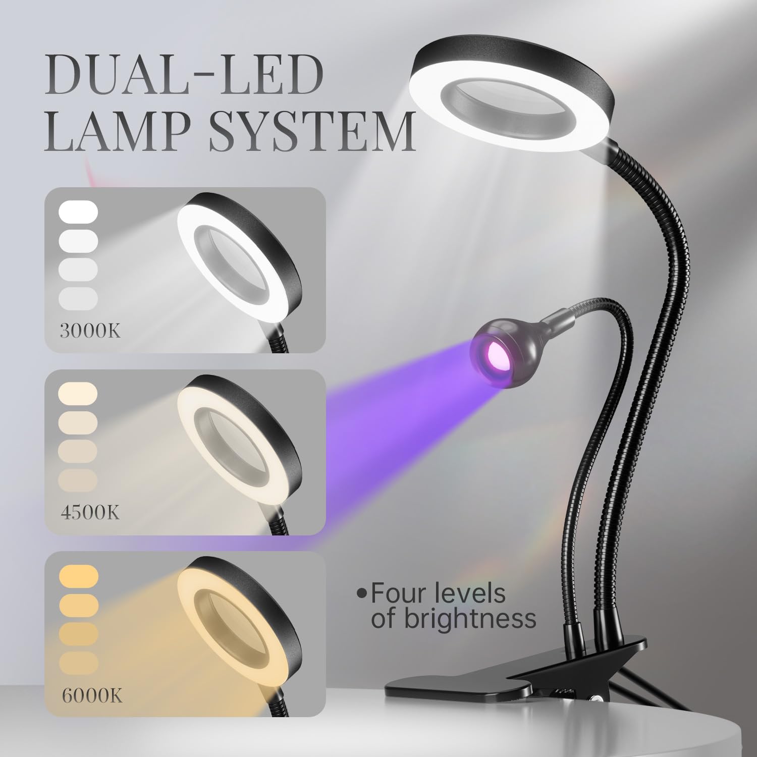 krofaue dual head uv nail lamp with 6x magnifier - 3 color temps, 365nm/395nm curing, usb desk clip