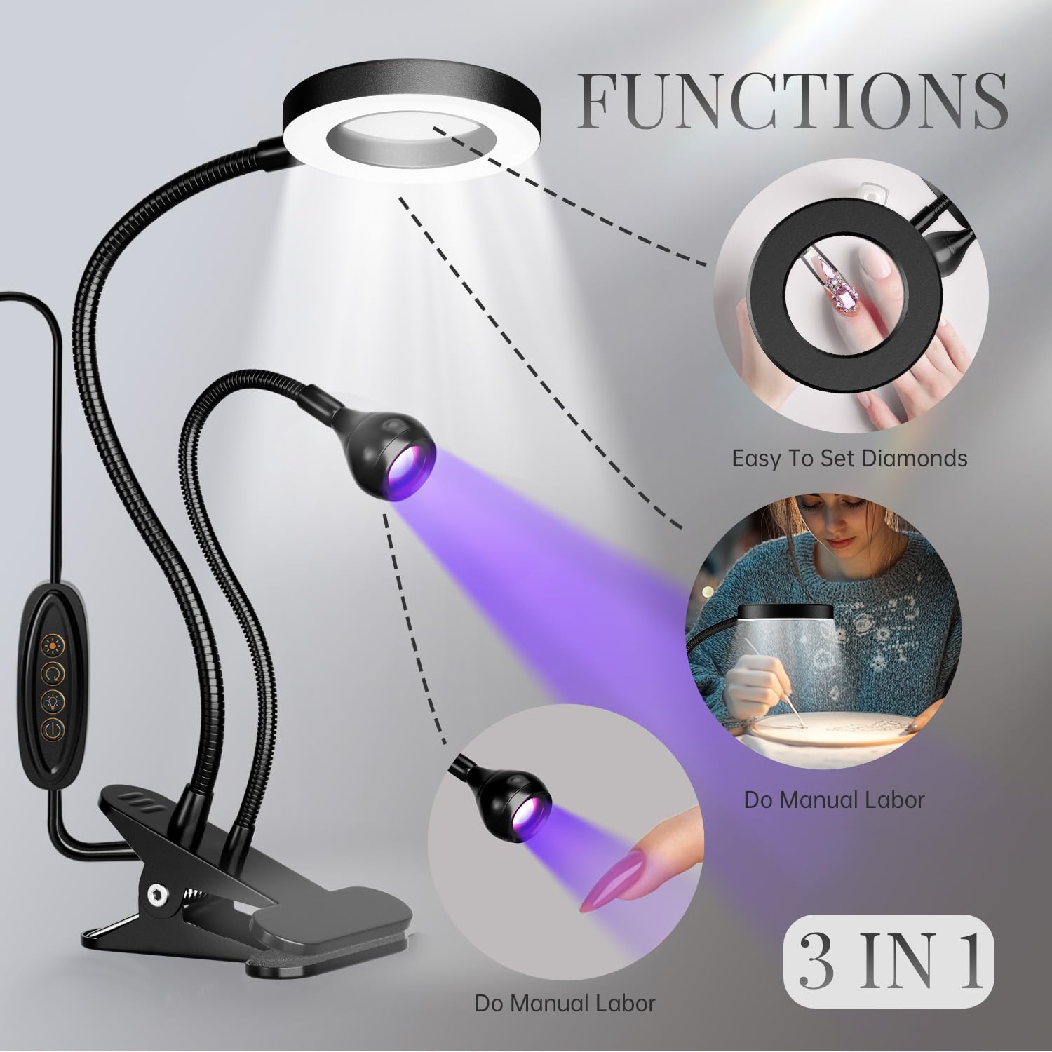 krofaue dual head uv nail lamp with 6x magnifier - 3 color temps, 365nm/395nm curing, usb desk clip