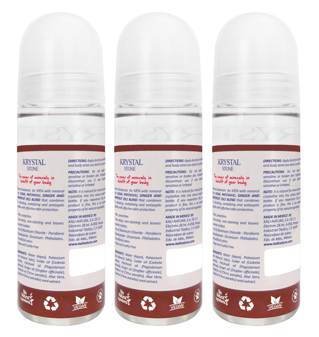 KRYSTAL STONE Fresh Cedar Deodorant for Men - 3-Pack Roll-On with Potassium Alum & Essential Oils
