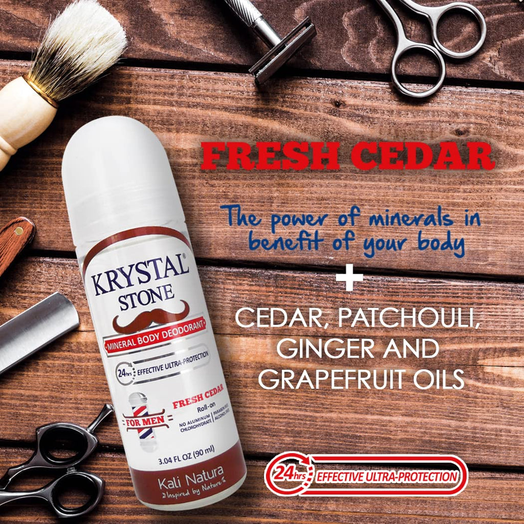KRYSTAL STONE Fresh Cedar Deodorant for Men - 3-Pack Roll-On with Potassium Alum & Essential Oils