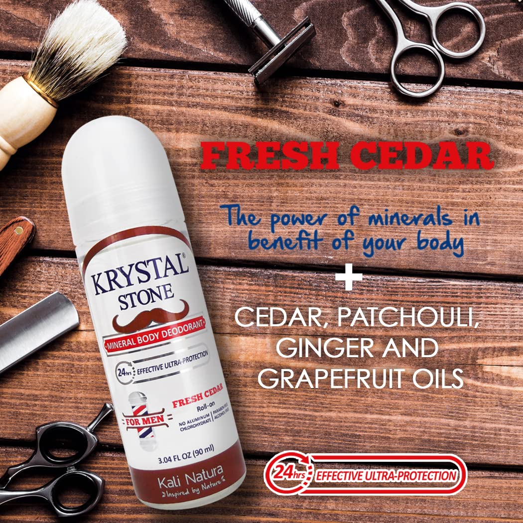 KRYSTAL STONE Fresh Cedar Deodorant for Men - 3-Pack Roll-On with Potassium Alum & Essential Oils