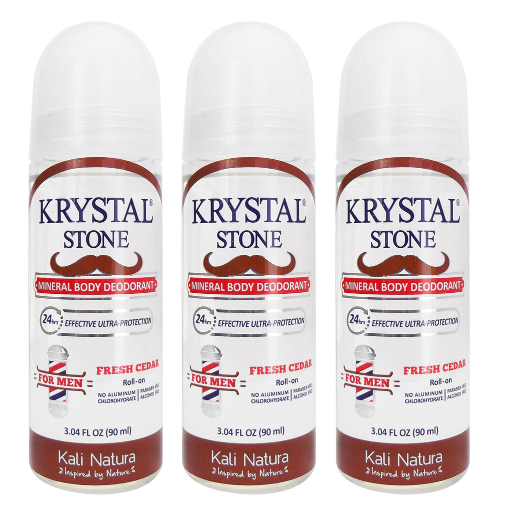 KRYSTAL STONE Fresh Cedar Deodorant for Men - 3-Pack Roll-On with Potassium Alum & Essential Oils